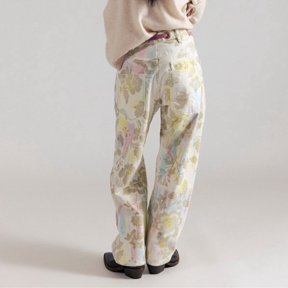 We The Free Denim - NWT We The Free People Moxie Printed Floral Flocked Barrel Jeans Size 27 w/ Belt